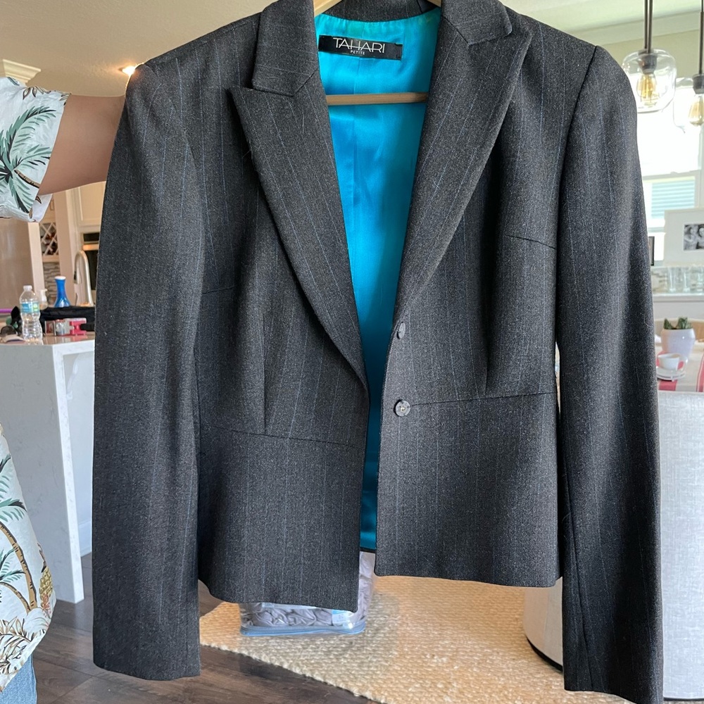 Tahari Petite Grey and Blue Pinstripe Blazer Jacket